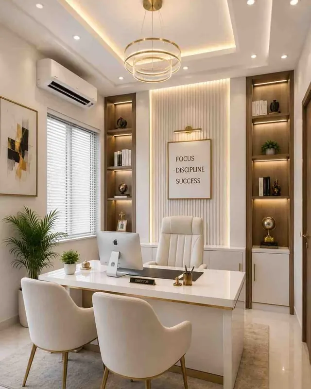 Director's cabin with a white and gold desk, backlit wall panelling, fluted feature wall and lit wooden display niches